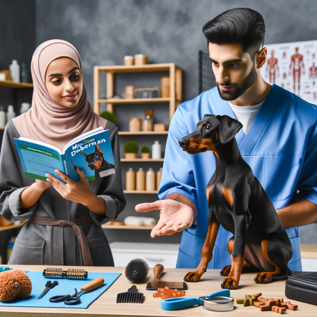 Professional dog trainer demonstrating effective Mini Doberman training techniques with a Compact Canine Guide and Mini Doberman care essentials, illustrating the guide to raising a Mini Doberman companion.