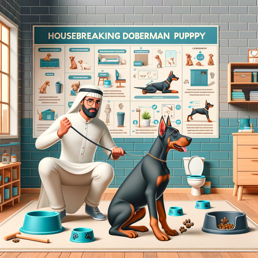 Doberman puppy successfully using indoor potty area under trainer's guidance, demonstrating comprehensive potty training techniques and housebreaking methods for Doberman puppies