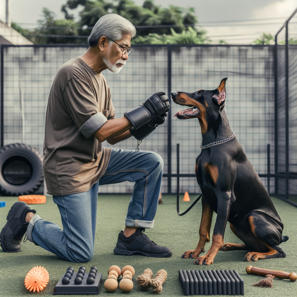 Professional dog trainer demonstrating effective Doberman training techniques for obedience and protection, highlighting successful Doberman obedience training methods and protection training tips.