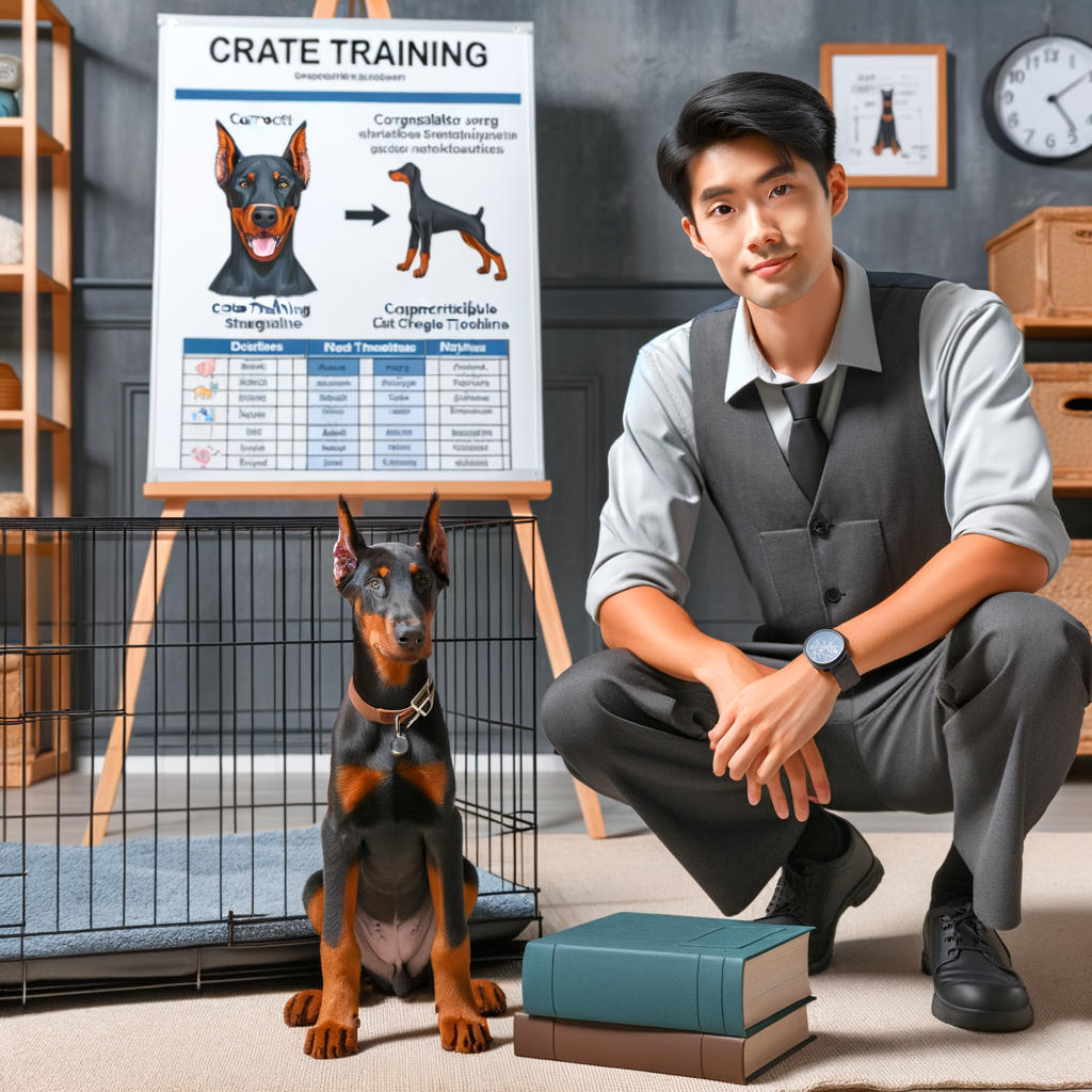 Professional dog trainer teaching effective crate training methods to a Doberman puppy, with a crate training schedule, Doberman puppy care book, and night routine checklist for successful Doberman puppy crate training.