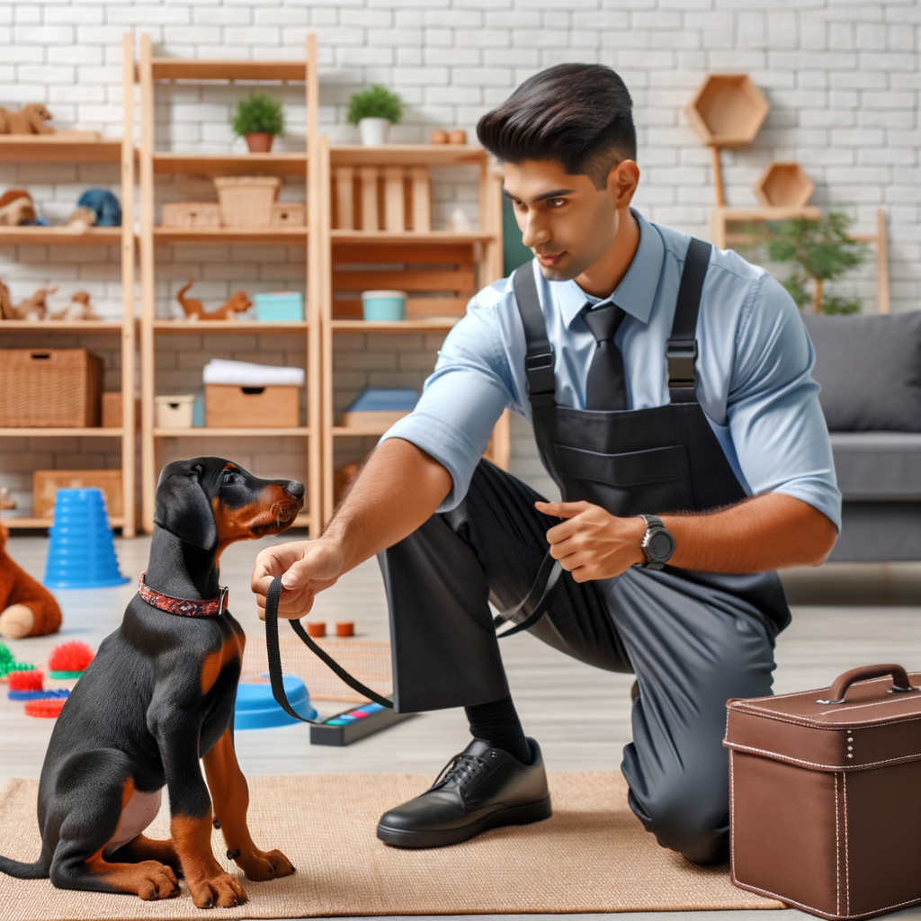 Professional dog trainer demonstrating Doberman puppy training and socialization techniques, introducing puppy to new environments and guiding Doberman puppy behavior for successful adaptation.