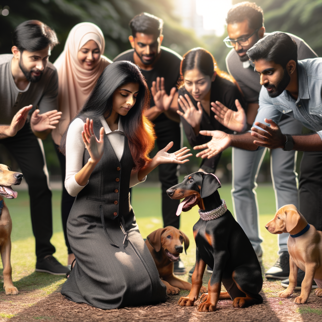 Professional dog trainer demonstrating Doberman puppy socialization techniques in a park, introducing the puppy to other dogs and people, highlighting Doberman puppy behavior and social skills training.