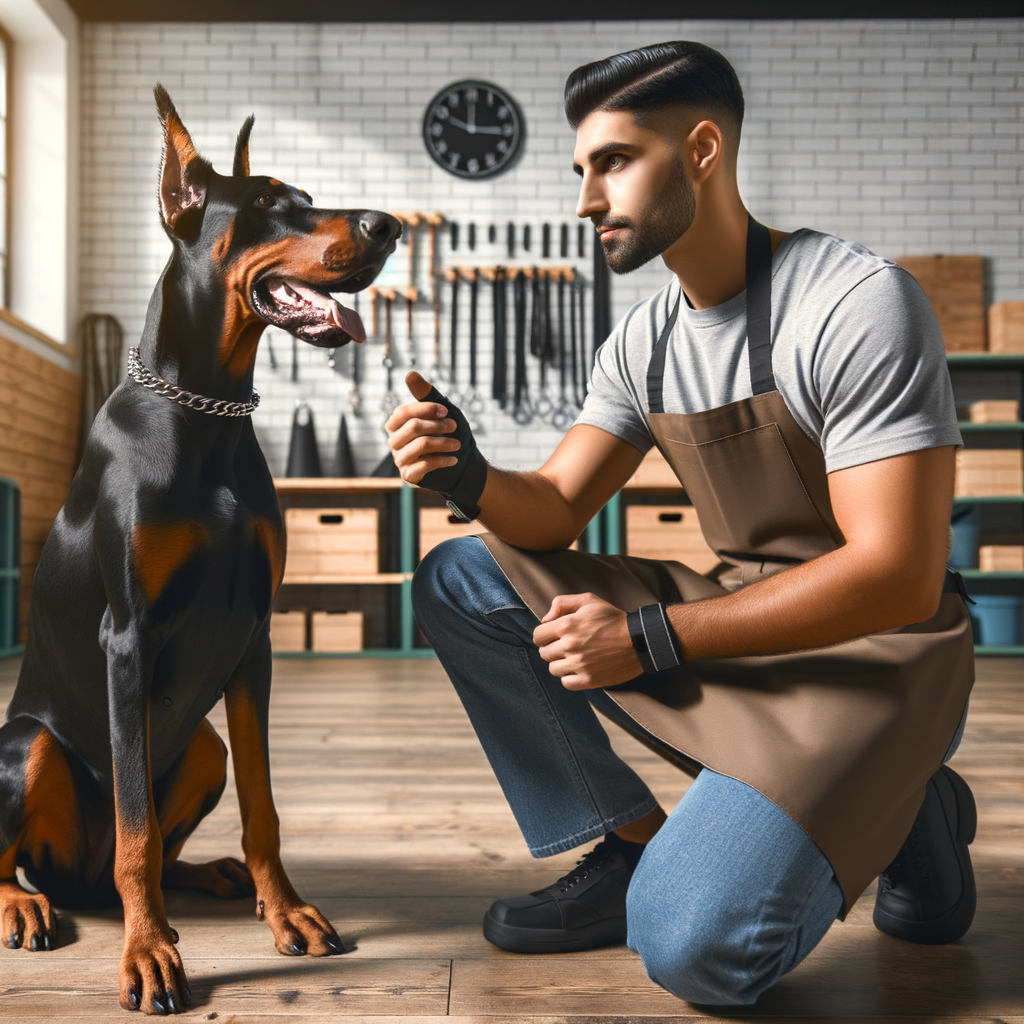 Professional dog trainer demonstrating advanced obedience training techniques to a Doberman, illustrating a comprehensive Doberman training guide for owners looking to improve obedience in their dogs.