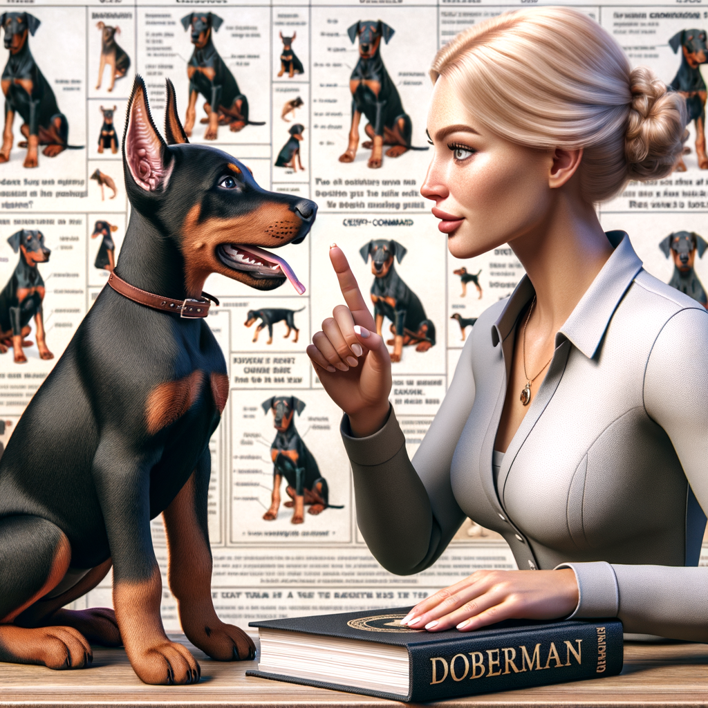 Professional dog trainer teaching basic commands to an attentive Doberman puppy during a training session, with a Doberman training guide and puppy training tips in the background