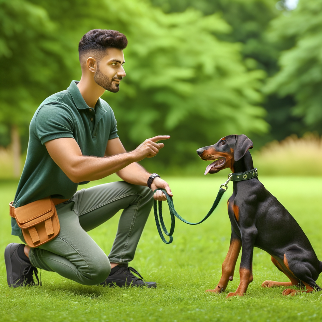 Professional dog trainer demonstrating Doberman leash training techniques in a park, teaching a Doberman puppy to walk on a leash using effective Doberman training tips for obedience and behavior.