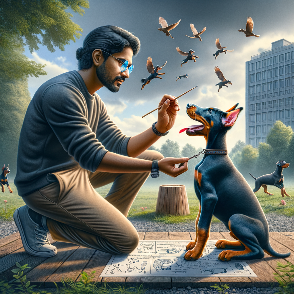Professional dog trainer demonstrating Doberman puppy training and exercise techniques for managing high energy levels in a spacious outdoor setting, showcasing effective puppy energy management and Doberman puppy care.