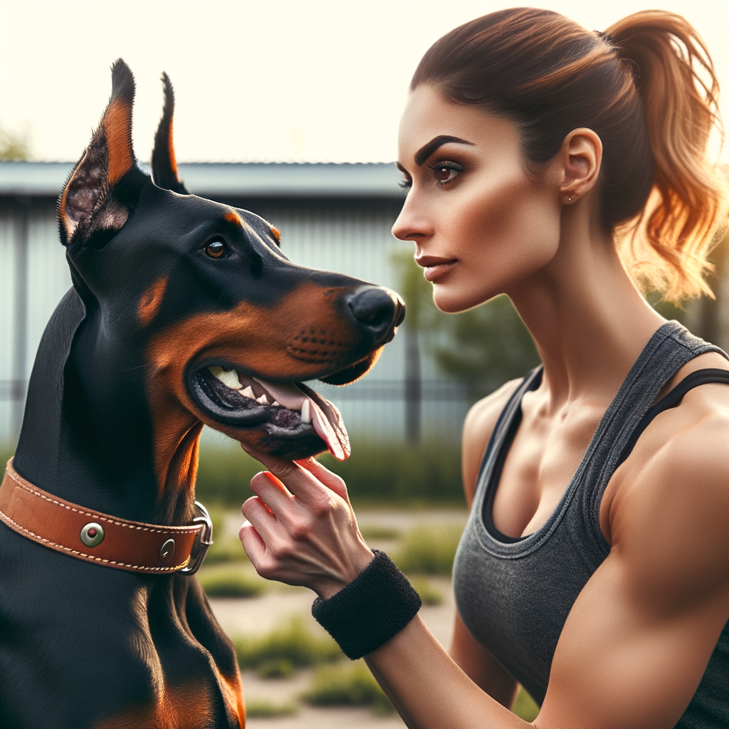 Professional dog trainer implementing Doberman obedience training techniques to resolve Doberman behavioral problems, showcasing effective solutions and tips for understanding and managing Doberman behavior.