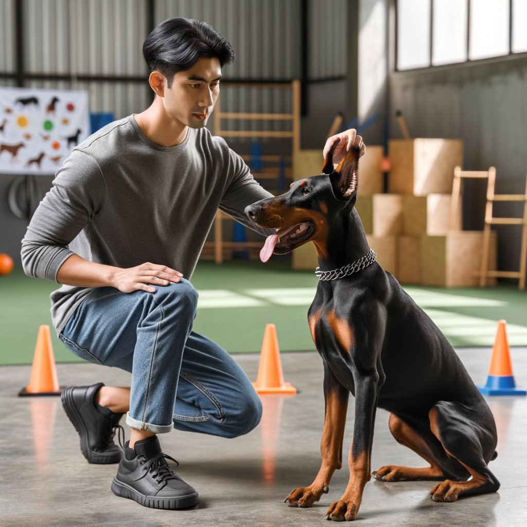Professional dog trainer demonstrating step-by-step Doberman therapy training techniques, showcasing a focused Doberman as an ideal candidate for therapy work.