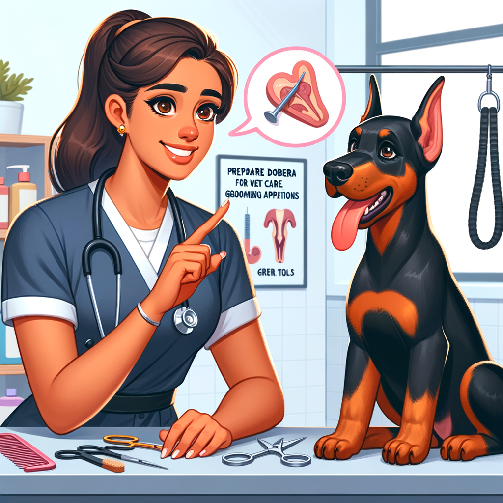 Doberman puppy trainer demonstrating puppy care, health, and grooming tips in a veterinary clinic, emphasizing the importance of preparing a Doberman puppy for vet visits and grooming appointments.