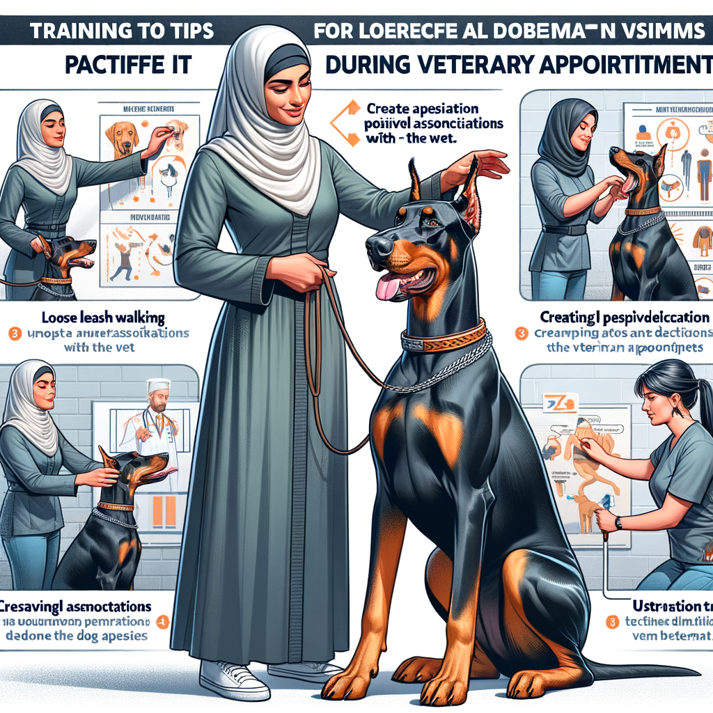 Professional dog trainer demonstrating Doberman training techniques for calming Doberman at vet, teaching patience, behavior modification for anxiety reduction, and obedience training, with Doberman vet visit tips in the background.