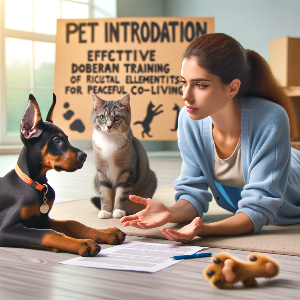Professional dog trainer demonstrating Doberman puppy training for safe pet introduction to a cat, showcasing harmonious Doberman and cat coexistence