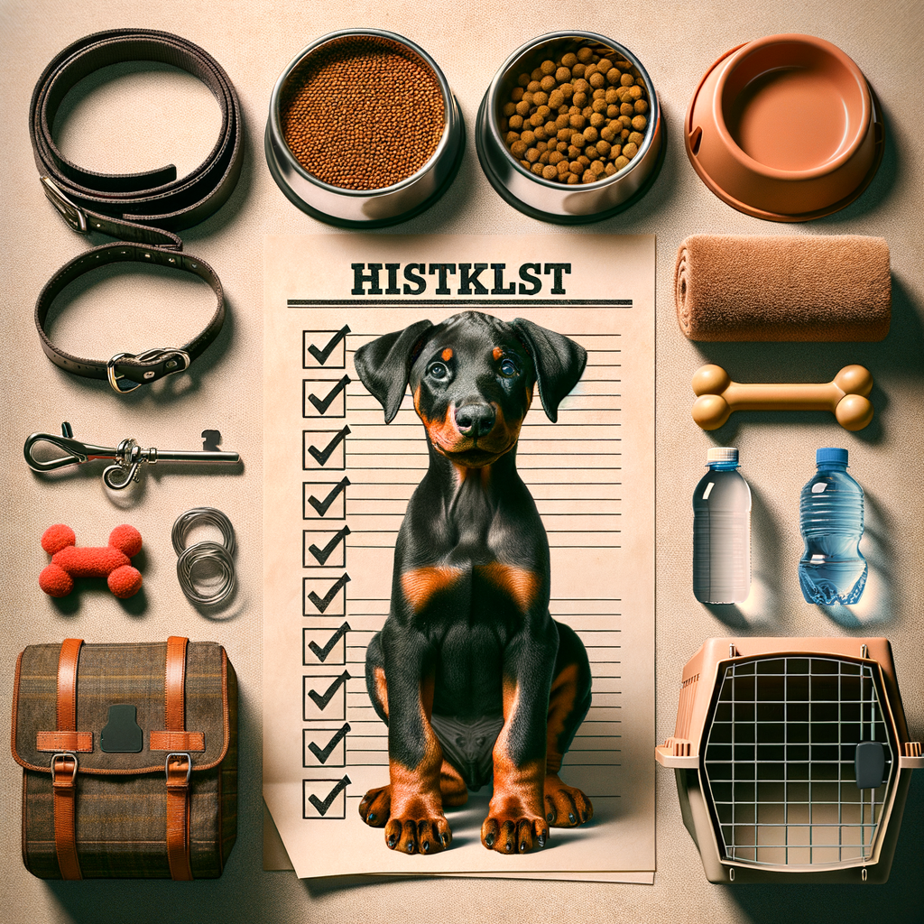 Doberman Puppy Essentials checklist including collar, leash, food, toys, and crate, illustrating Home Preparation for a First Time Doberman Owner's New Puppy.