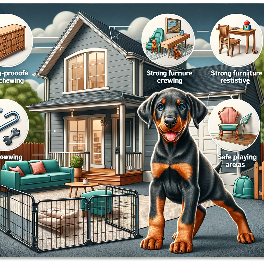 Doberman puppy exploring a puppy-proof home, showcasing safety measures and preparation for new Doberman arrival, emphasizing the importance of Doberman puppy home safety and puppy-proofing tips.