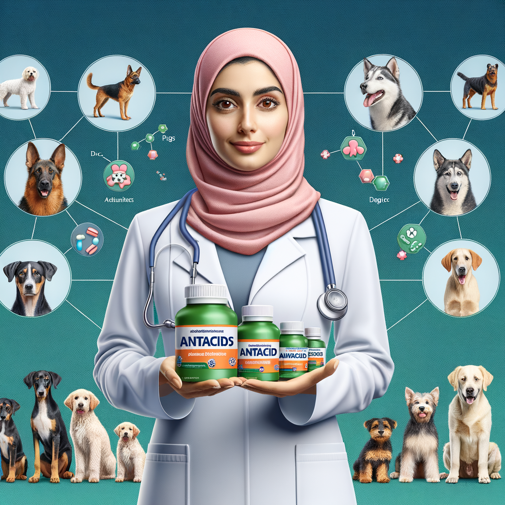 Veterinarian showcasing various dog antacid options and canine antacid treatments, emphasizing on the importance of a healthy digestive system for dogs, dog stomach health, and digestive system care in dogs for improving dog digestive system.