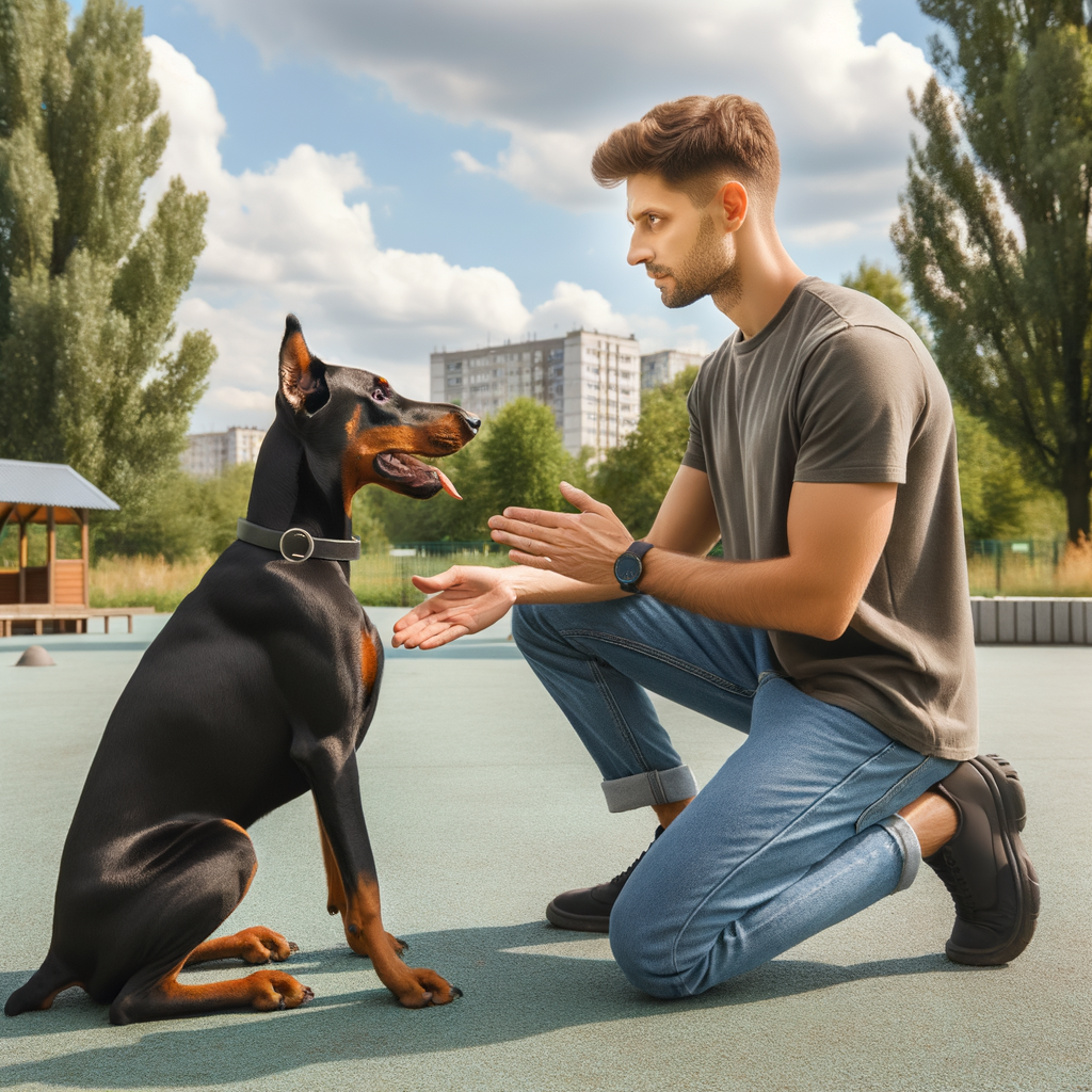Professional dog trainer implementing Doberman training tips for bark control, demonstrating successful behavior modification to stop excessive Doberman barking.