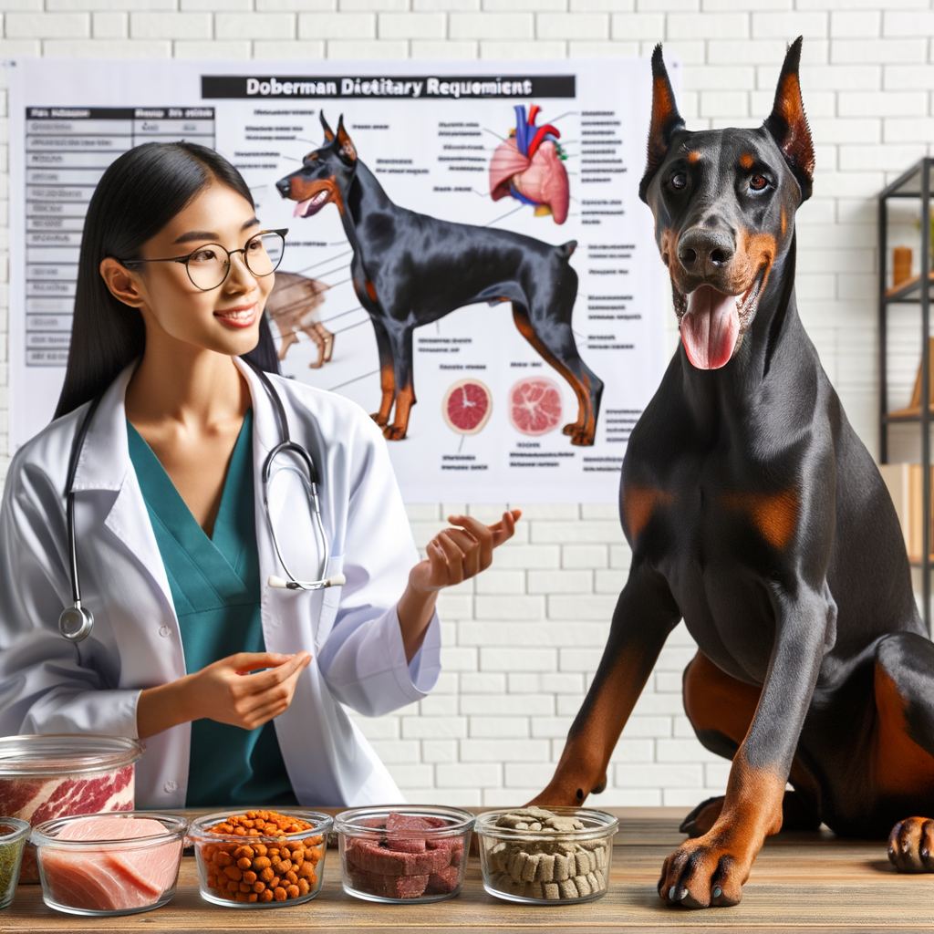 Veterinarian discussing Doberman dietary needs and the benefits and risks of a raw diet for Dobermans, with attentive Doberman and raw food items illustrating Doberman nutrition and raw diet suitability for Dobermans.
