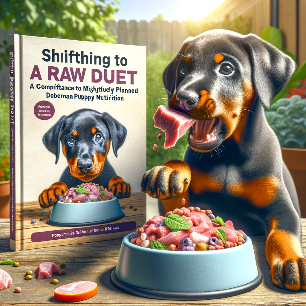 Doberman puppy enjoying raw food from a bowl, illustrating the transition to a raw diet with a Doberman puppy diet guidebook, highlighting raw diet benefits for puppies and Doberman puppy nutrition