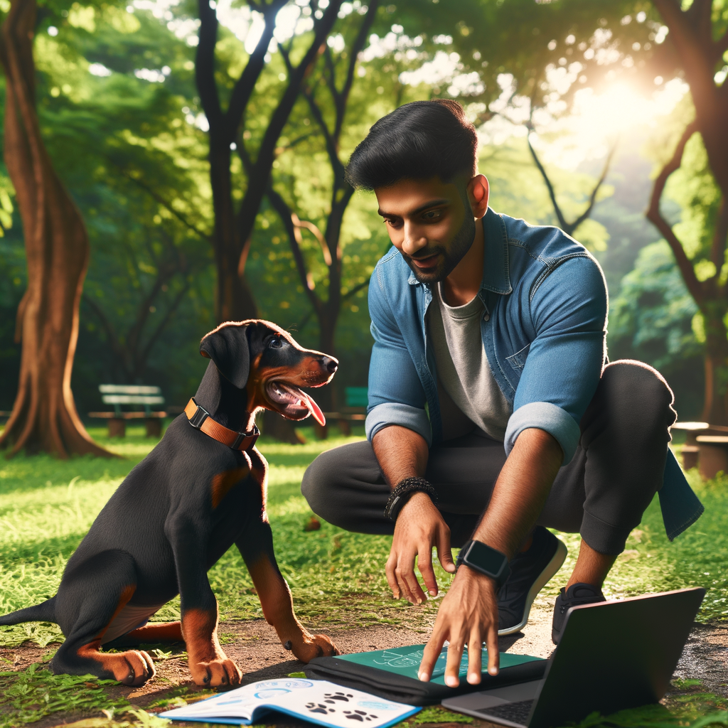 Professional dog trainer demonstrating safe outdoor exercise techniques for a Doberman puppy, highlighting precautions and tips for exercising Doberman puppies safely outdoors.