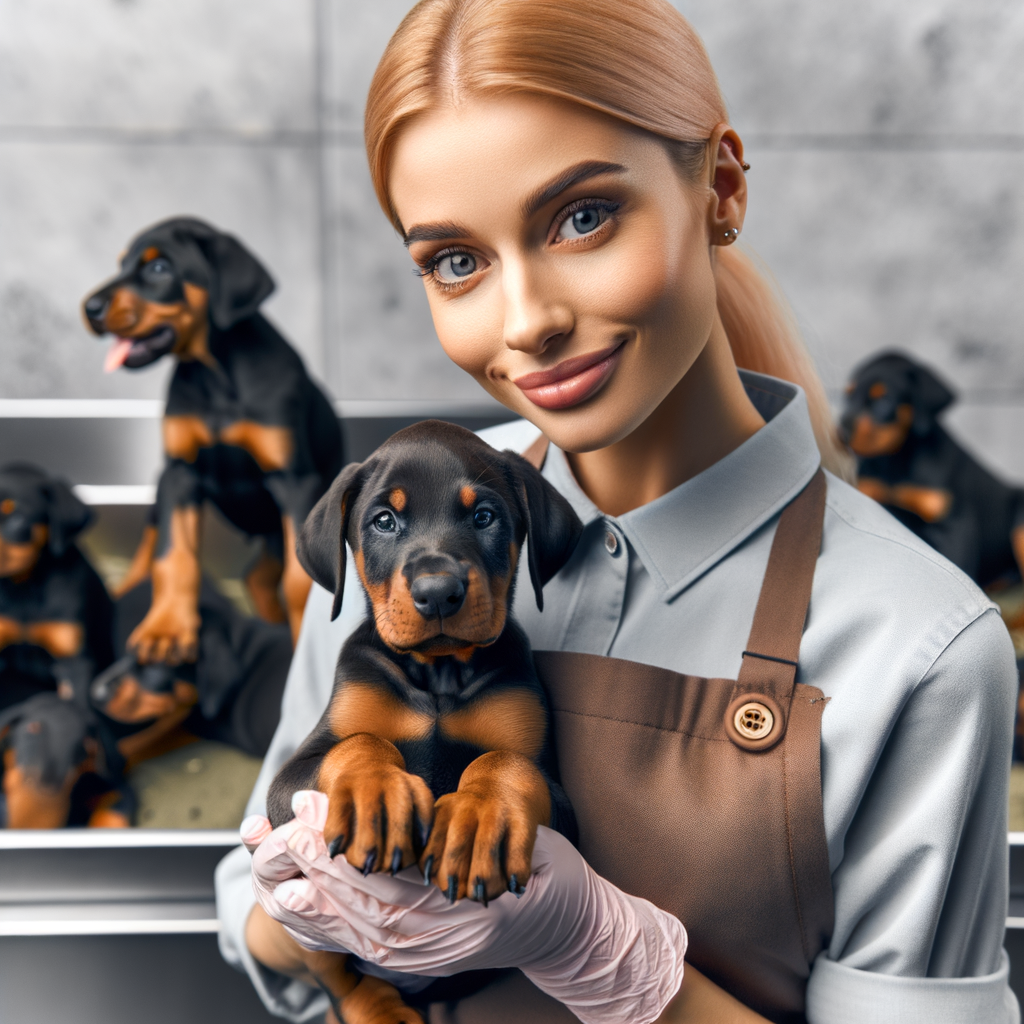 Trusted Doberman puppy breeder attentively caring for a litter of puppies, illustrating the importance of choosing the right Doberman breeder for secure purchases as per the guide to Doberman breeders.