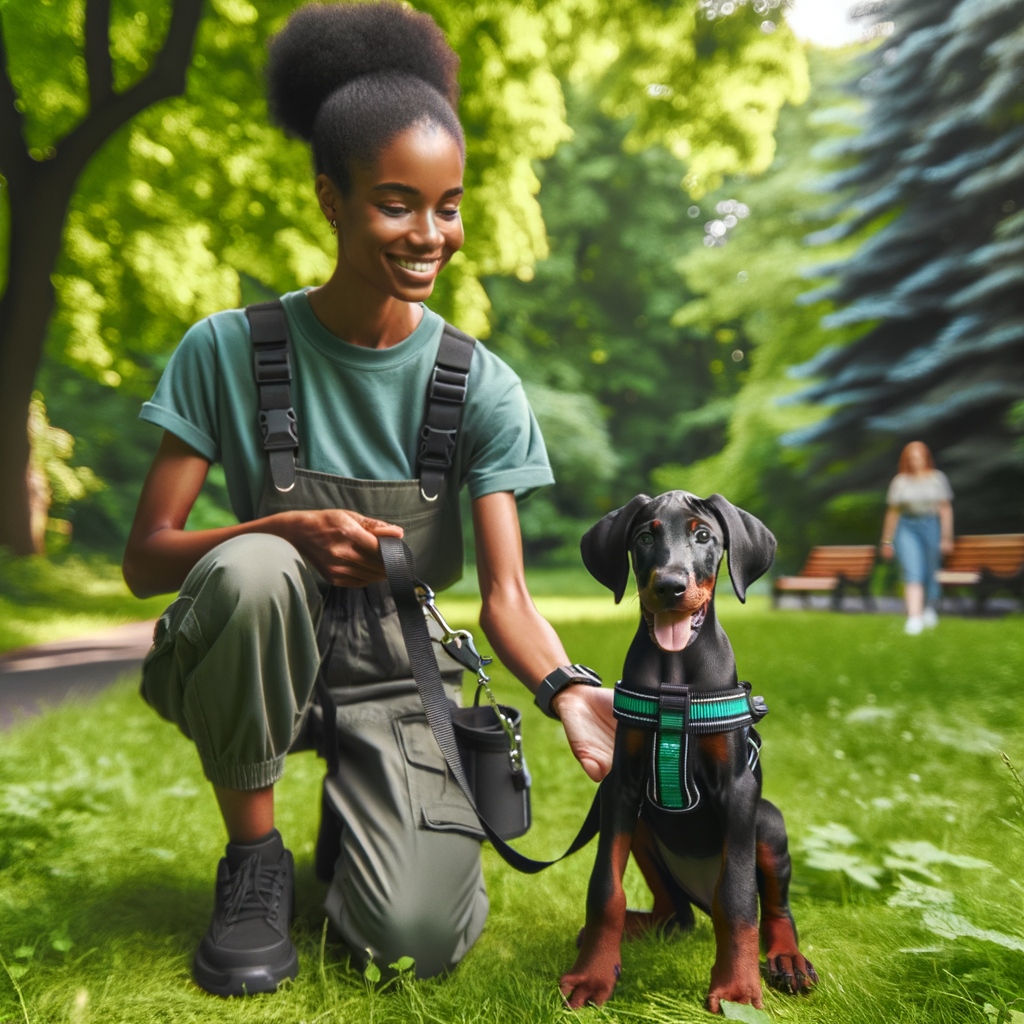 Doberman puppy trainer demonstrating safety measures during outdoor training in a park, emphasizing on the puppy's safety harness and leash for Doberman puppy outdoor safety tips.