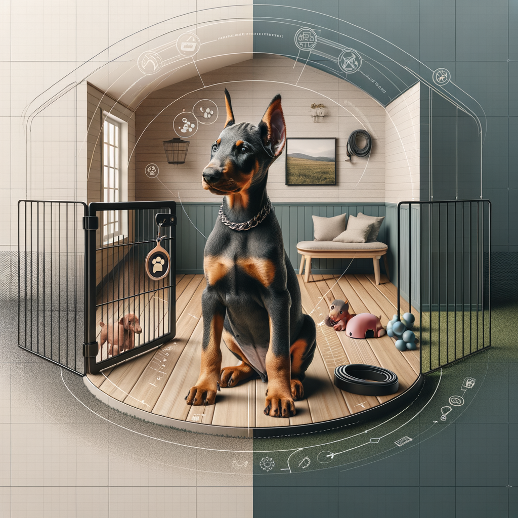 Doberman puppy safety measures demonstrated through a well-cared-for puppy in a safe indoor environment with chew-proof toys and a puppy gate, symbolizing comprehensive Doberman puppy care and training for home and outdoor safety.