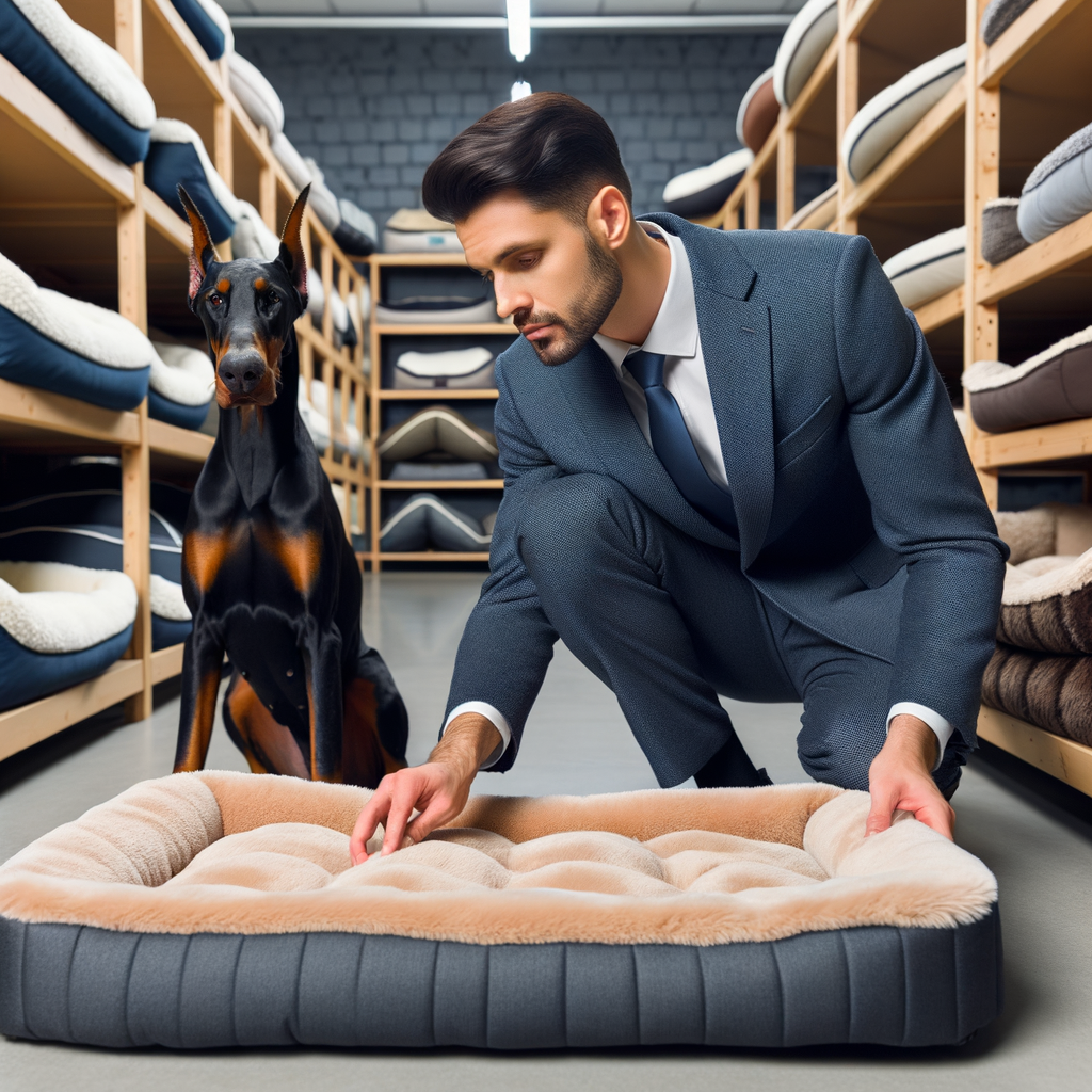 Professional Doberman owner choosing the best high-quality, comfortable Doberman dog bed in a pet store, serving as a dog bed selection and buying guide for Doberman's needs.