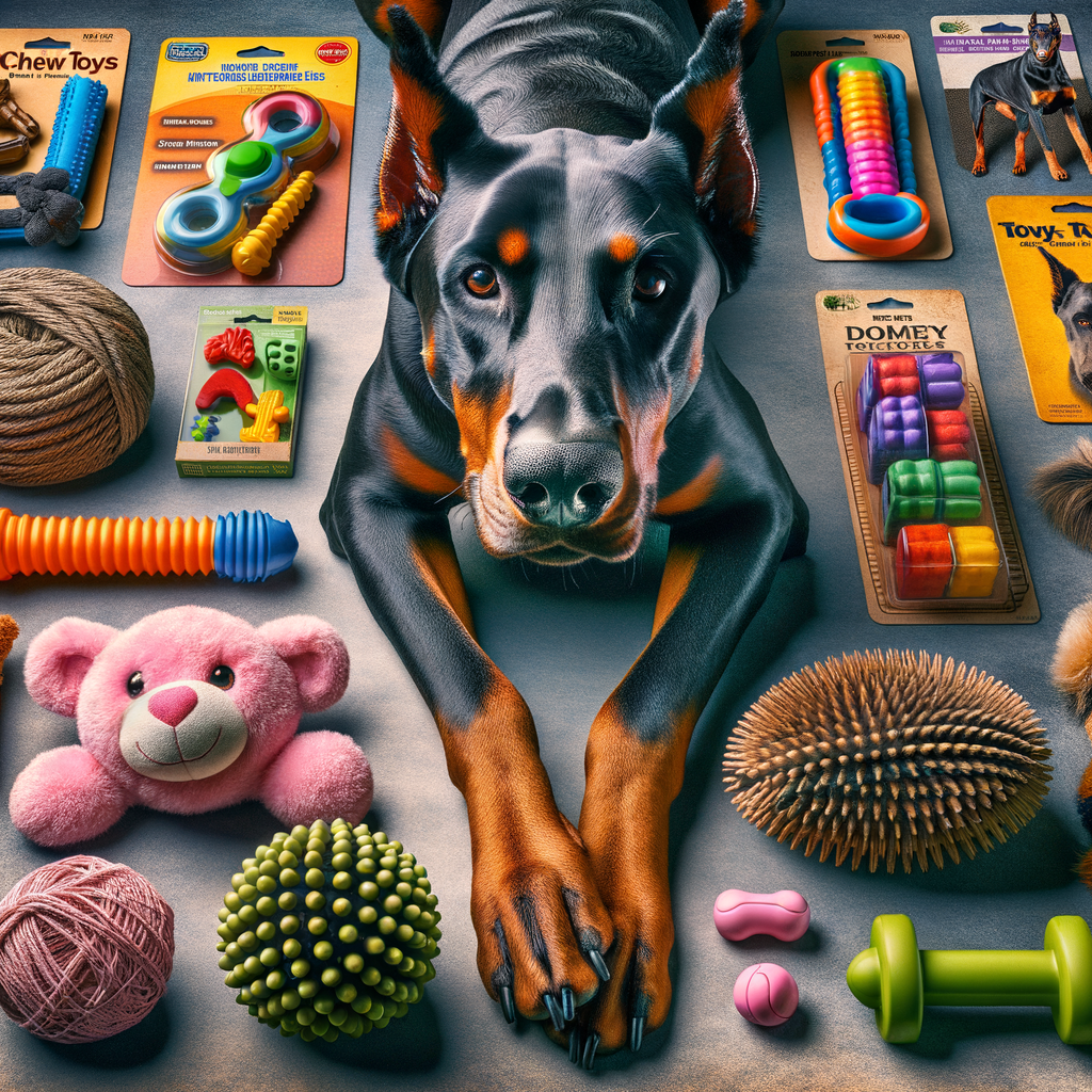 Assortment of best Doberman toys, including durable, safe, and interactive options for Doberman playtime, showcasing recommended Doberman puppy toys and adult Doberman toy recommendations.