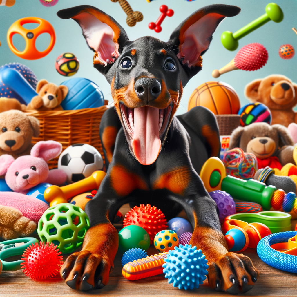 Doberman puppy joyfully playing with best, safe, and interactive toys chosen for Doberman puppy enrichment and training activities