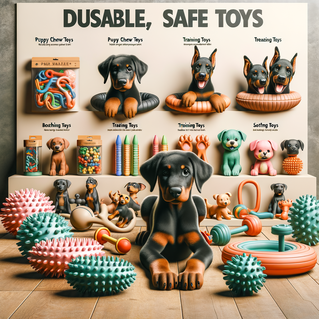 Assortment of best Doberman puppy toys and chews, including safe, durable, and training toys, ideal for choosing toys for a Doberman puppy.