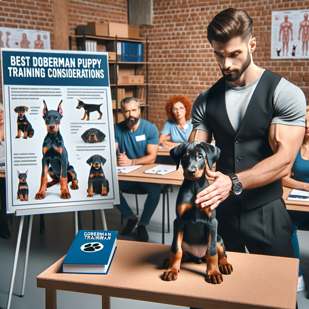 Professional Doberman trainer demonstrating Doberman puppy training techniques in a Doberman training class, with 'Best Doberman Puppy Training Considerations' guide and puppy training tips in the background.