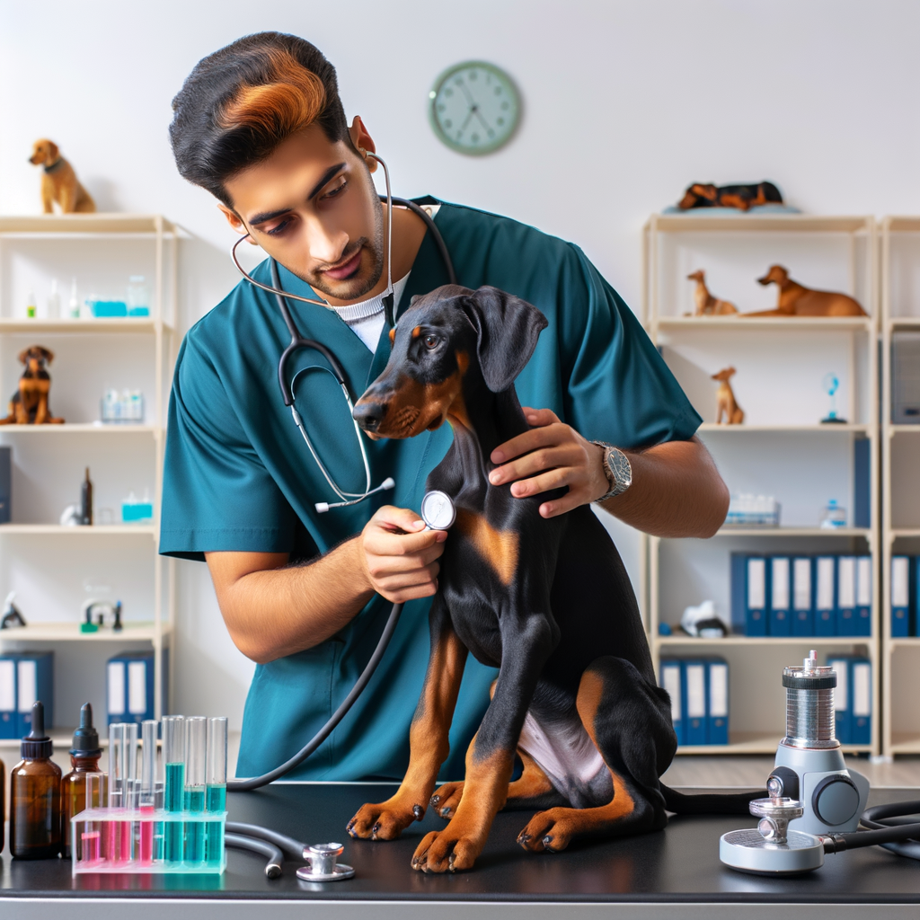 Expert Doberman veterinarian attentively examining a new Doberman puppy, highlighting the importance of choosing the right vet for Doberman health care and vet selection.
