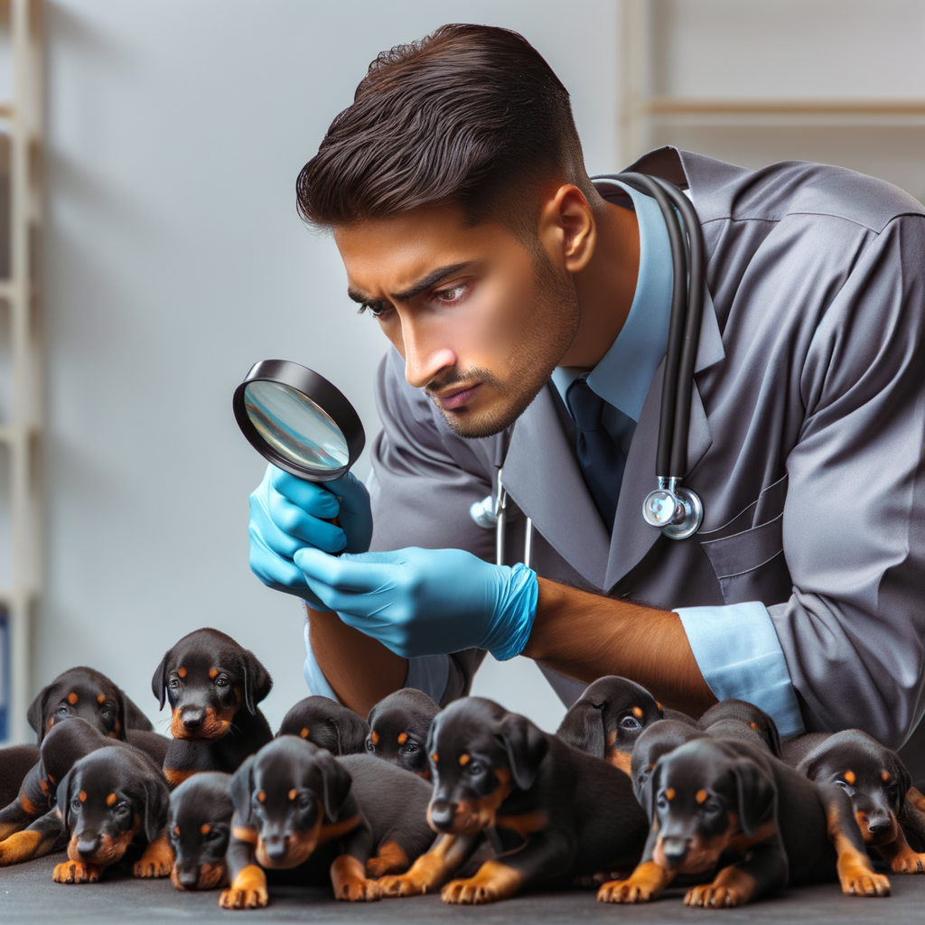 Professional breeder analyzing Doberman puppy characteristics and health for litter selection, providing a visual buying guide for choosing the right Doberman puppy from a litter.