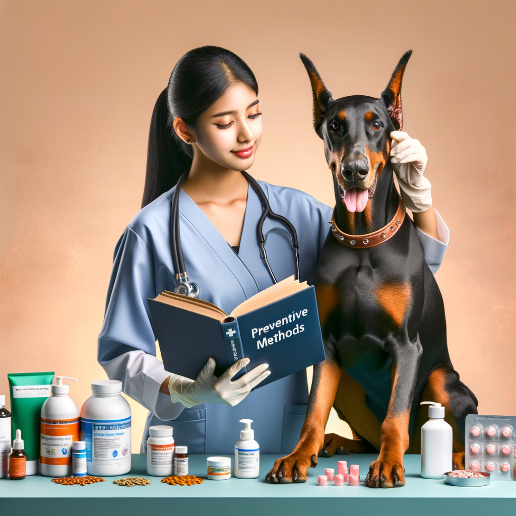 Veterinarian demonstrating proactive Doberman care and health prevention methods, with Doberman health guide and wellness products, highlighting tips for preventing Doberman diseases and maintaining Doberman health.