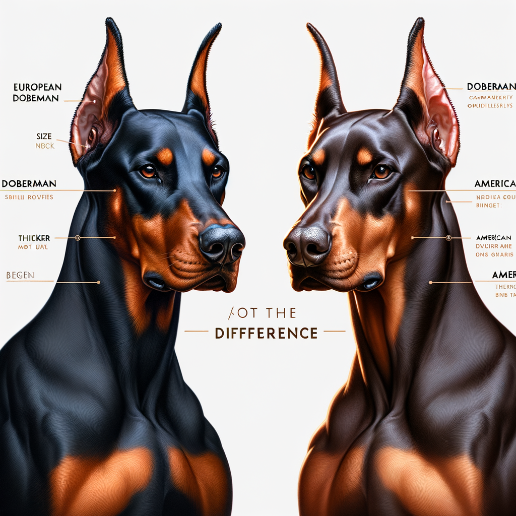 Comparison chart illustrating the differences between European Dobermans and American Dobermans, highlighting distinct breed characteristics for easy identification.