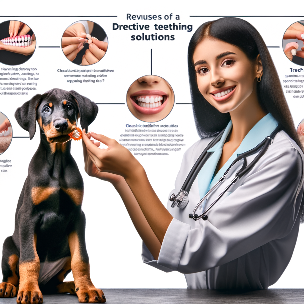 Professional trainer demonstrating Doberman puppy teething solutions and managing chewing behavior using teething toys, providing Doberman puppy care and training tips.