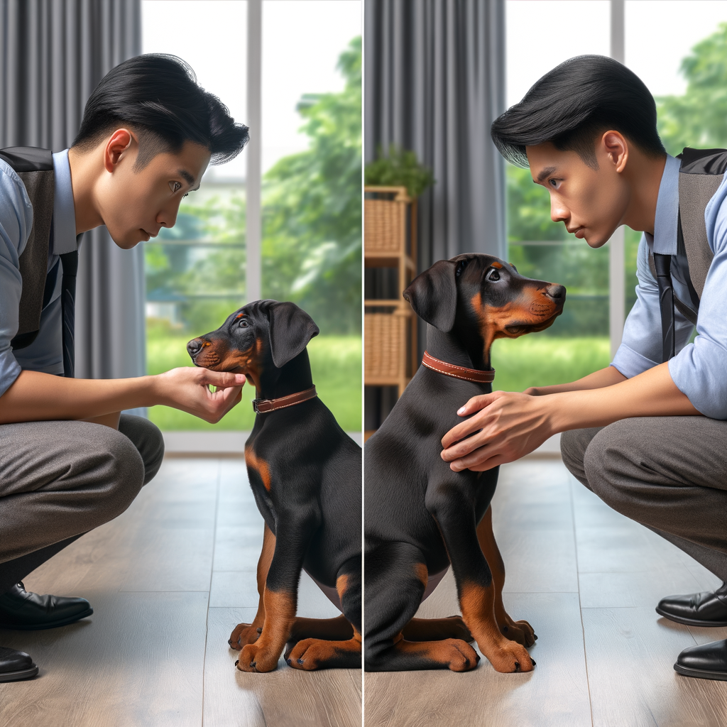 Professional dog trainer using positive reinforcement to manage fear and anxiety in a Doberman puppy, showcasing effective Doberman puppy training and care techniques.