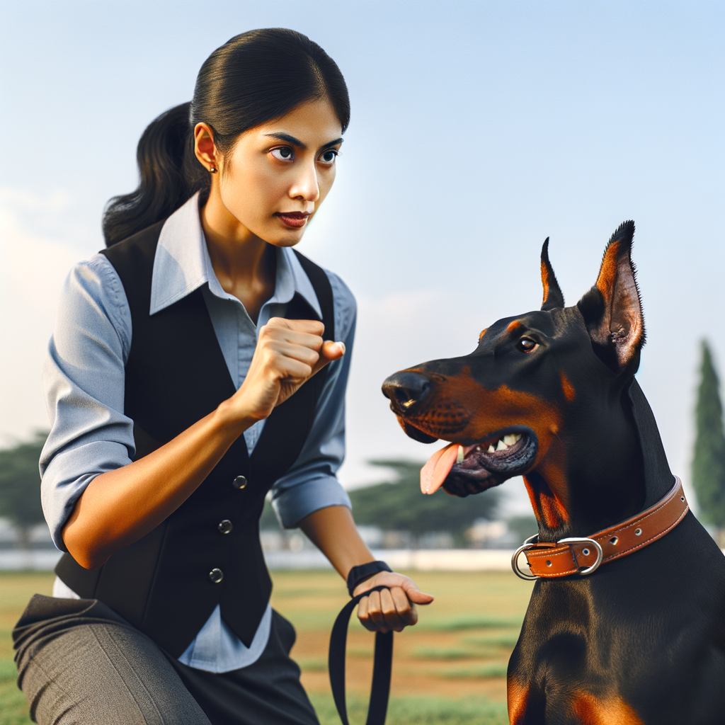 Professional dog trainer successfully demonstrating Doberman aggression management techniques, providing solutions for handling aggressive Doberman behavior issues.