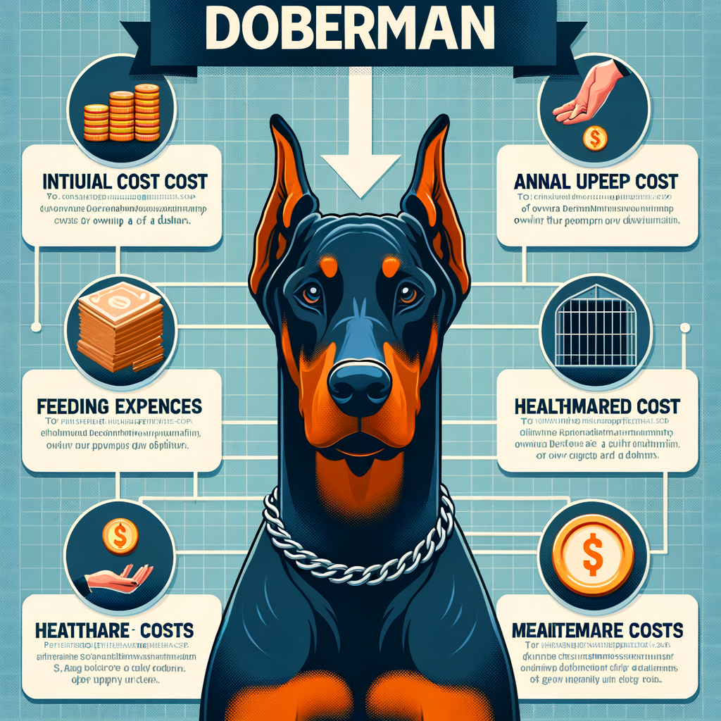 Infographic detailing Doberman ownership costs including Doberman puppy cost, annual expenses, feeding, healthcare, and maintenance costs for a comprehensive understanding of the cost of Doberman care.