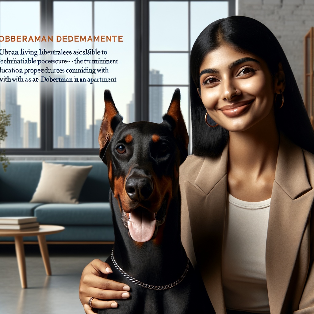 Professional woman happily living with a well-trained, apartment-friendly Doberman, showcasing Doberman care tips and harmonious apartment lifestyle with pets.