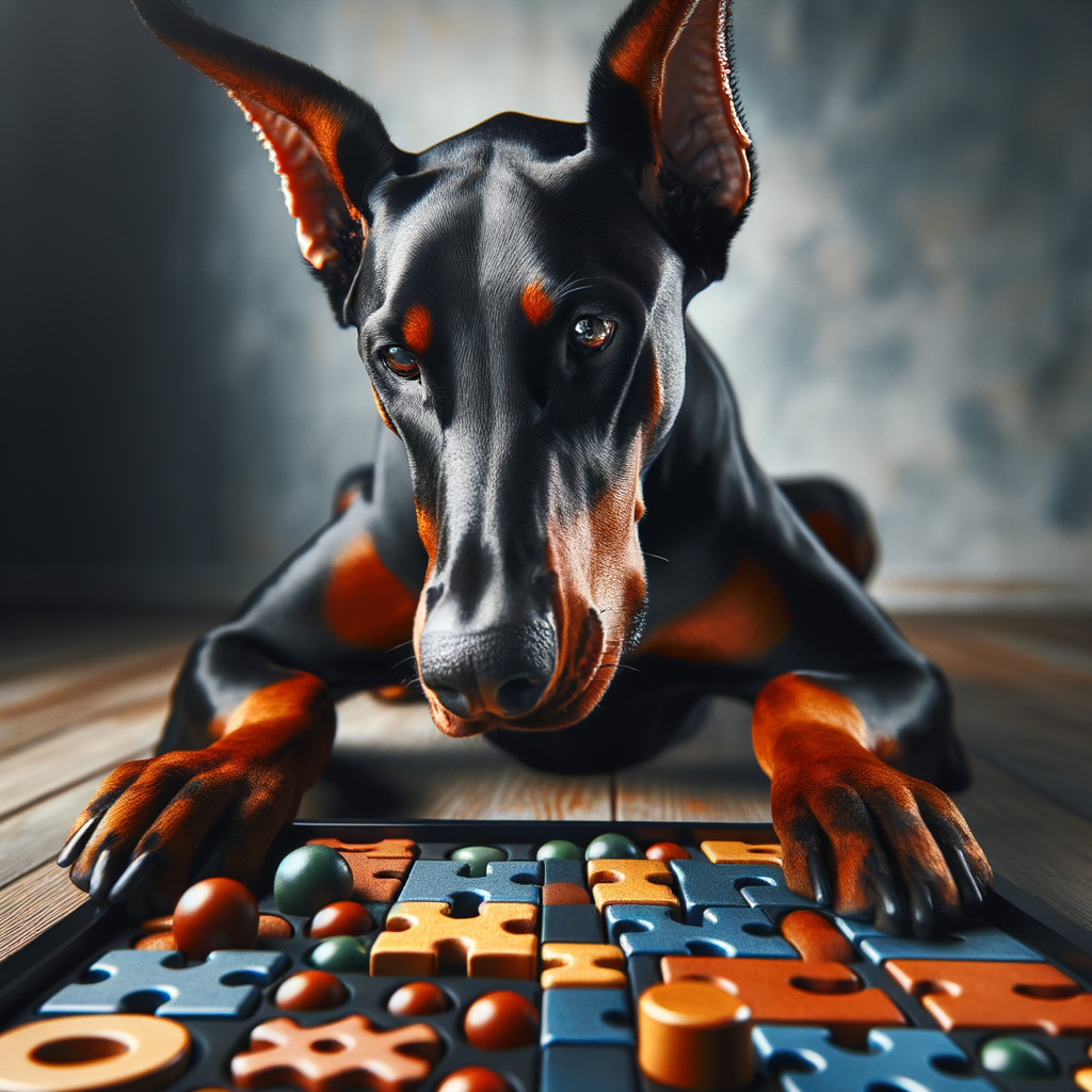 Doberman engaging in indoor brain game, showcasing the best games for Dobermans promoting mental stimulation and indoor activities.