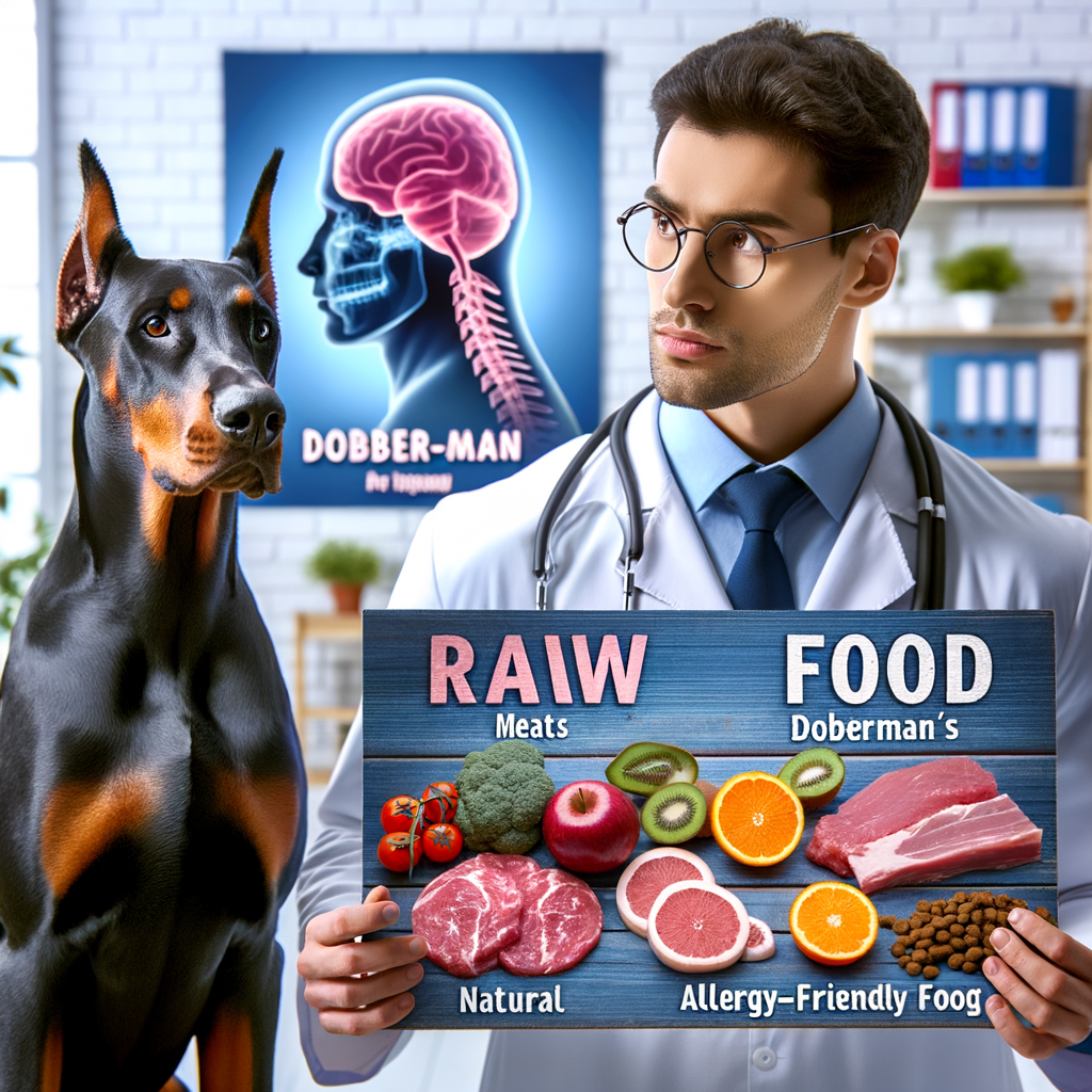 Veterinarian presenting raw food diet for allergic dogs, including best food options for Dobermans, highlighting natural, allergy-friendly dog food to meet Doberman dietary needs.