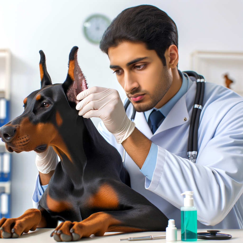 Veterinarian demonstrating best methods for Doberman ear care using specialized cleaning products, highlighting the importance of maintaining Doberman ear hygiene for infection prevention.