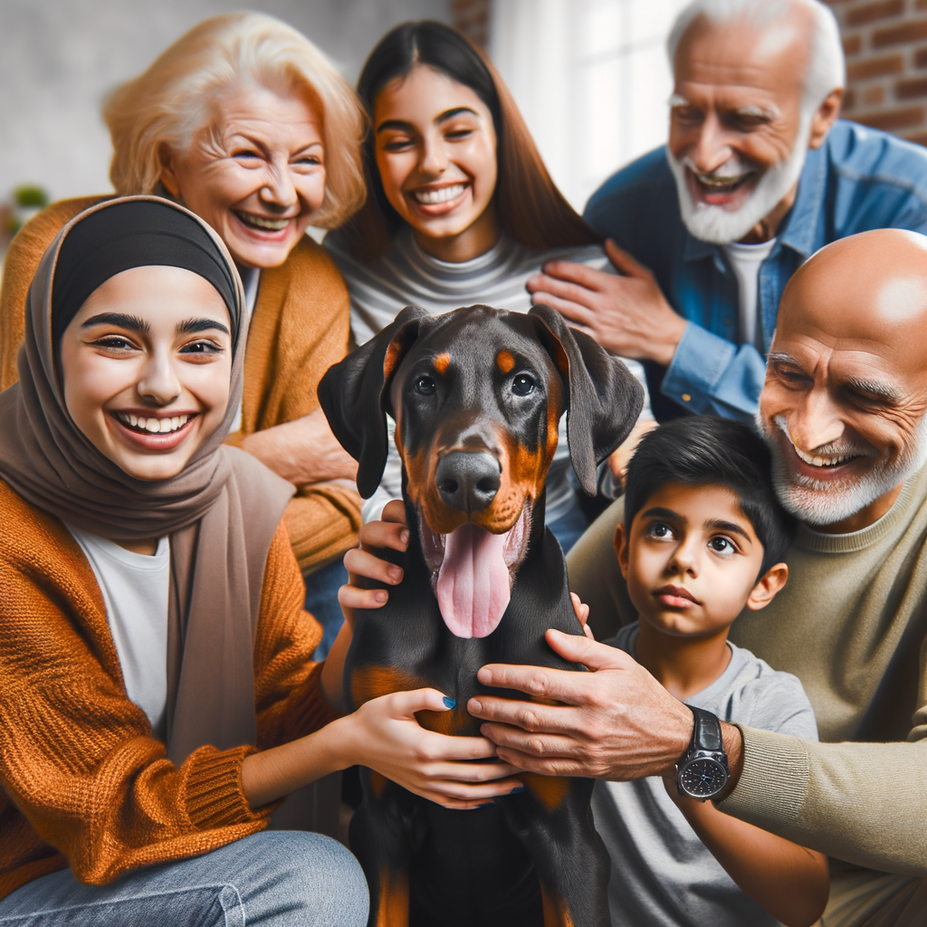 Doberman puppy demonstrating successful socialization and interaction with diverse age groups, showcasing effective training and behavior development, including interaction with kids and elderly, highlighting practical Doberman puppy training tips.
