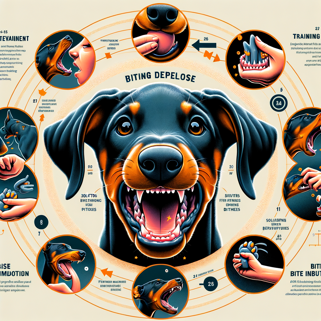 Infographic illustrating Doberman puppy biting stages, teething period, bite inhibition, training methods to stop biting, and Doberman puppy bite force for addressing biting problems and aggression.