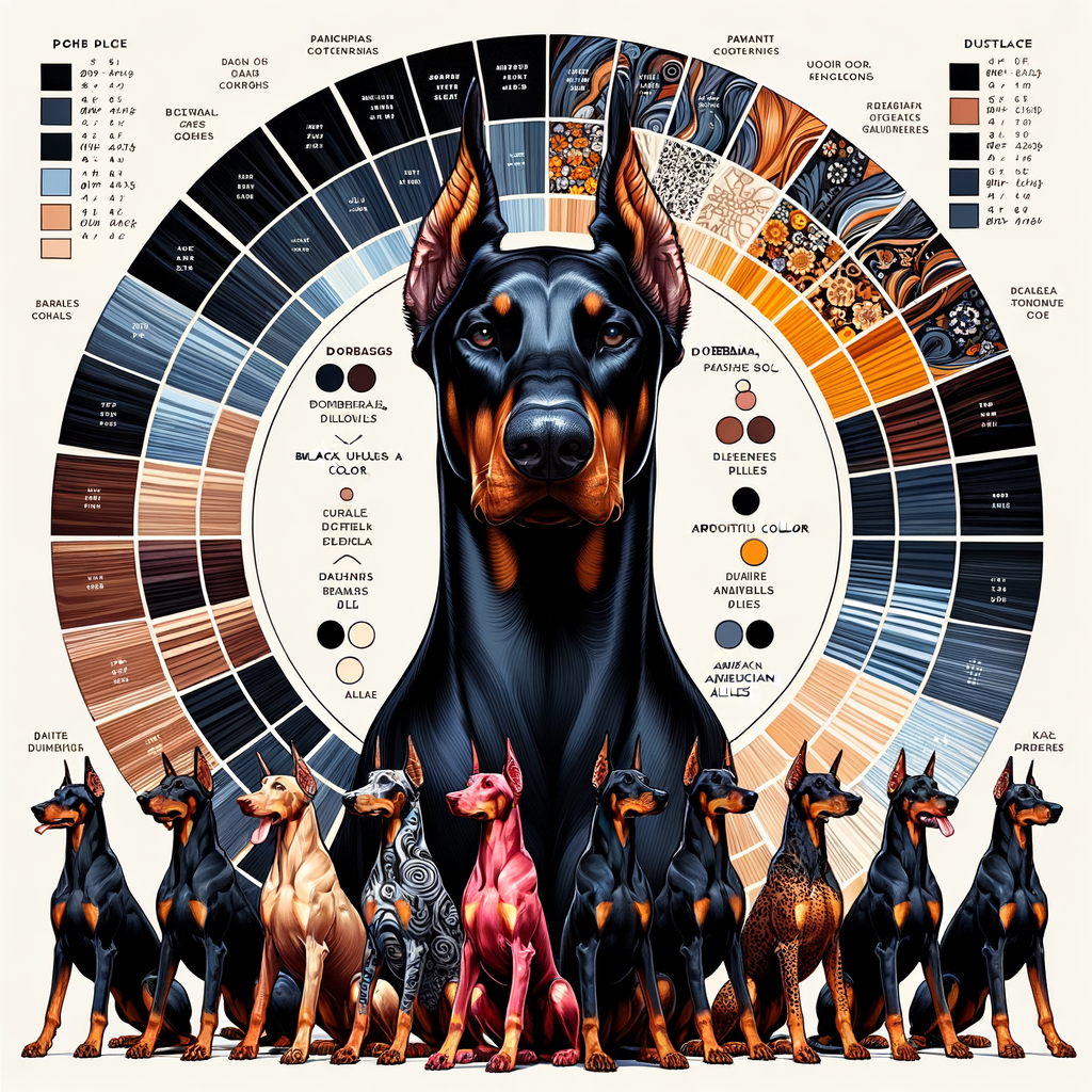 Infographic showcasing the diversity of Doberman coat colors and patterns, highlighting the genetics and breed standards in the world of Doberman aesthetics.