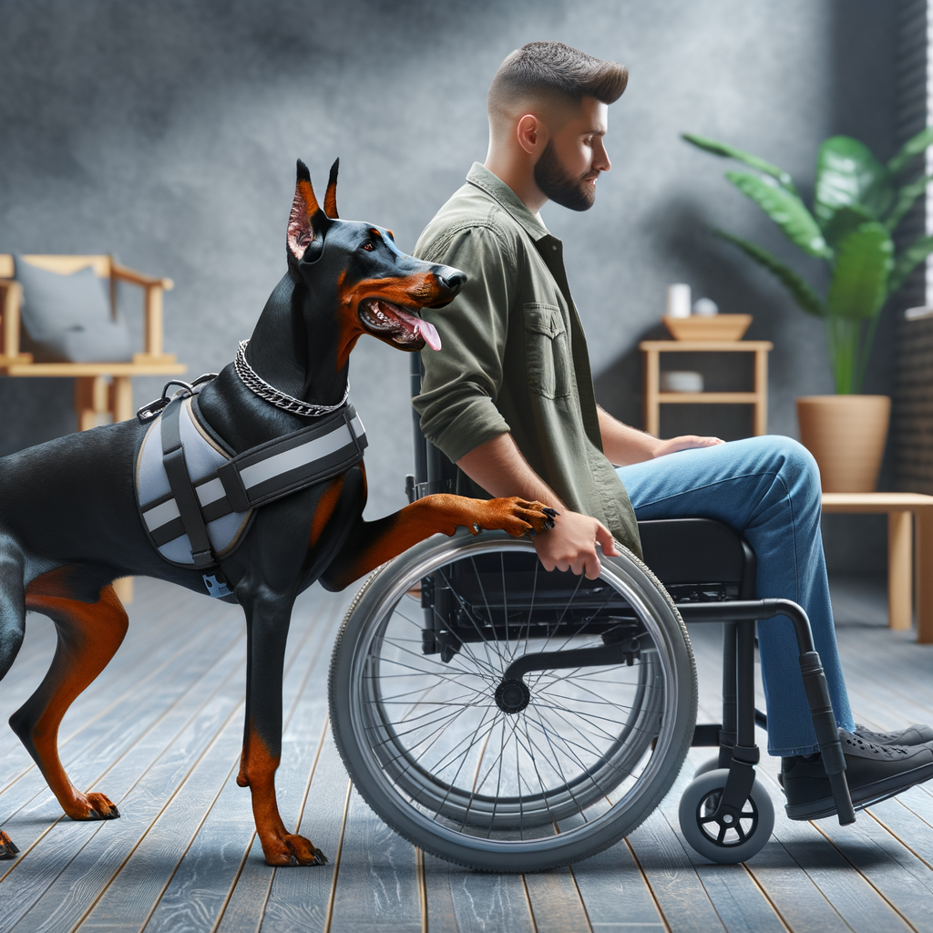 Doberman service dog in action, providing canine assistance to person with disabilities, showcasing benefits and effectiveness of training Dobermans as service dogs for disabilities, enhancing lives.