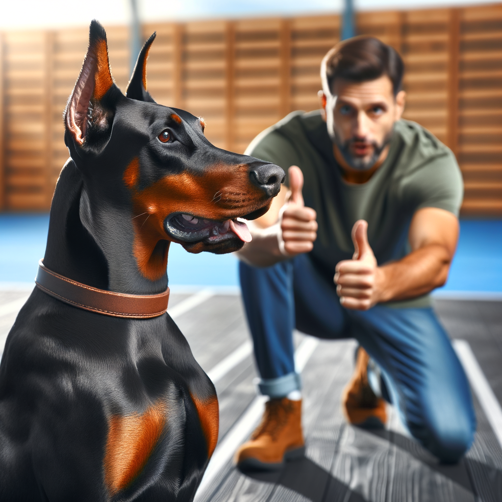 Doberman demonstrating competitive obedience training methods during a competition, with trainer providing Doberman obedience training tips in the background.
