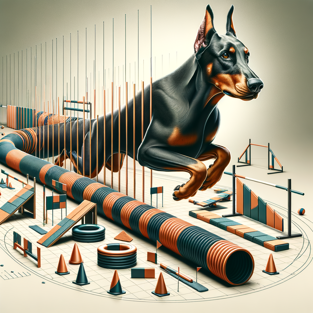 Doberman performing agility training exercises on a course, demonstrating benefits and techniques of agility training for dogs, highlighting improved Doberman agility and potential for competition.