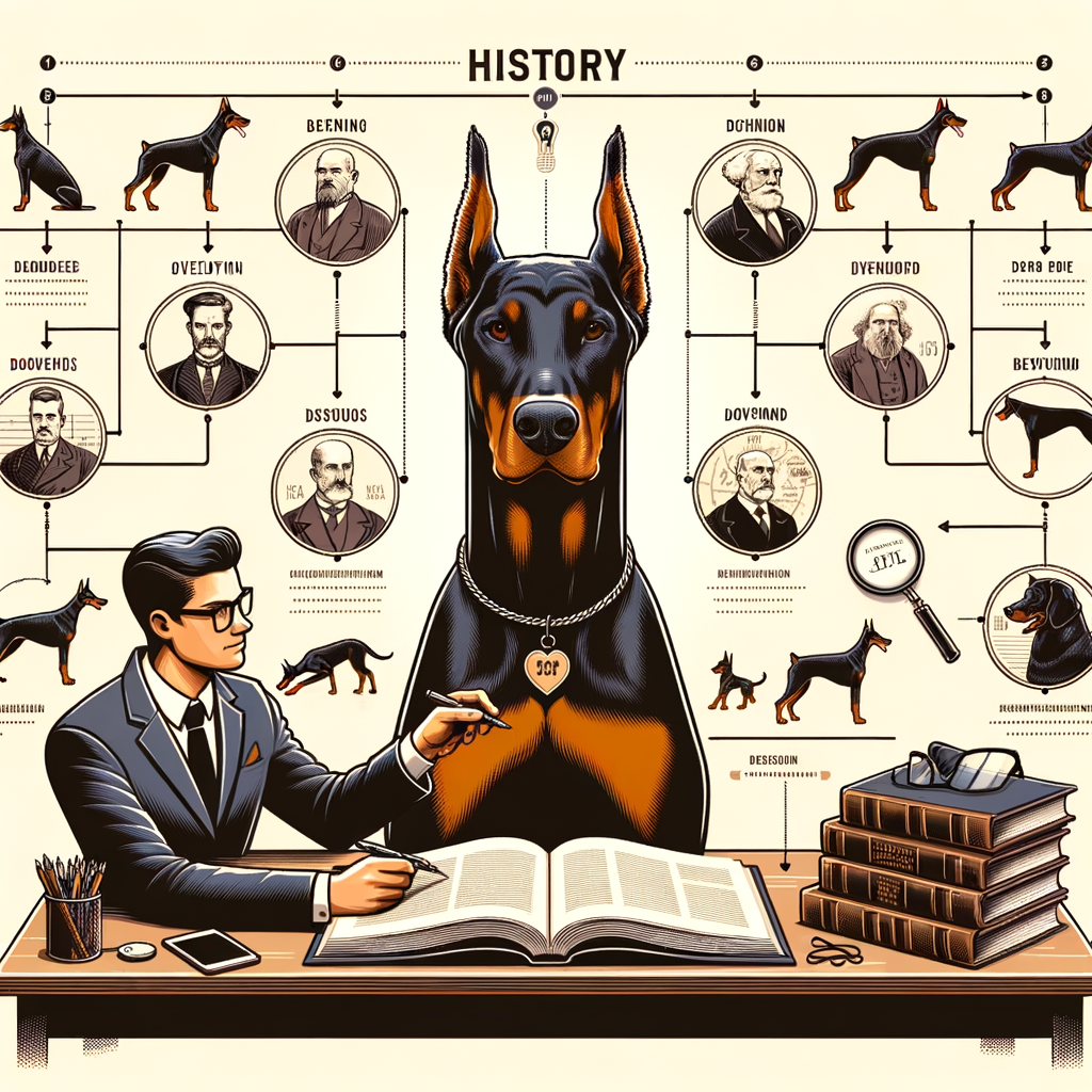 Comprehensive timeline chart illustrating the Doberman breed history, origins, development, and evolution, providing a deep dive into the Doberman's roots and ancestry for better understanding of the breed's background.