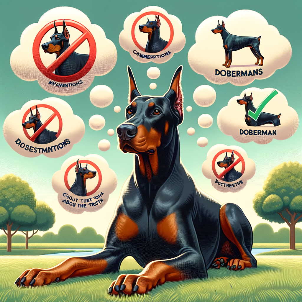 Debunking Doberman myths and misconceptions with thought bubbles revealing Doberman breed facts and fiction, showcasing the truth about this misunderstood breed in a serene environment.